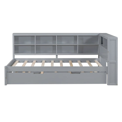 Twin/Full Size Daybed with Twin Trundle, Daybed with Storage Shelf and USB Charging Ports