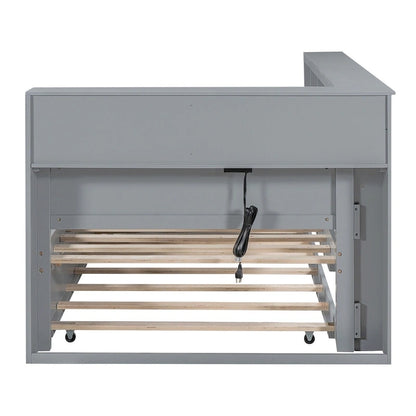 Twin/Full Size Daybed with Twin Trundle, Daybed with Storage Shelf and USB Charging Ports