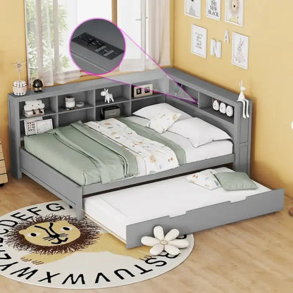 Twin/Full Size Daybed with Twin Trundle, Daybed with Storage Shelf and USB Charging Ports