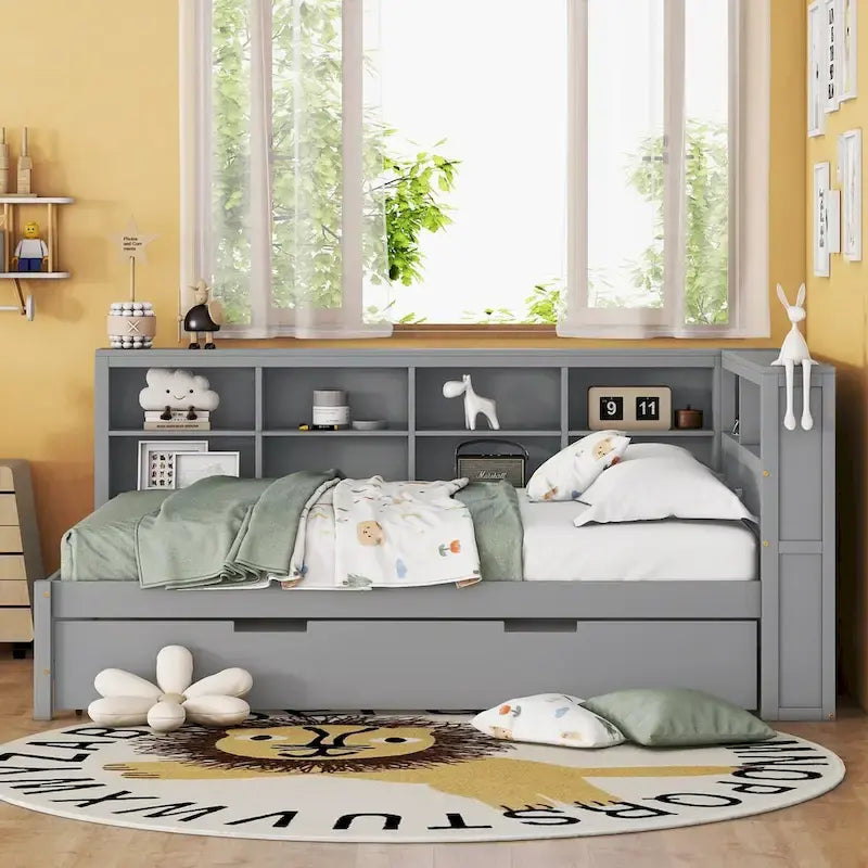 Twin/Full Size Daybed with Twin Trundle, Daybed with Storage Shelf and USB Charging Ports