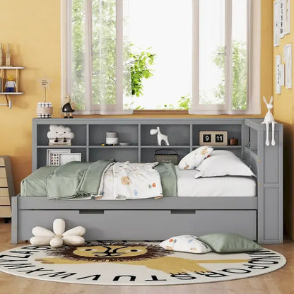 Twin/Full Size Daybed with Twin Trundle, Daybed with Storage Shelf and USB Charging Ports