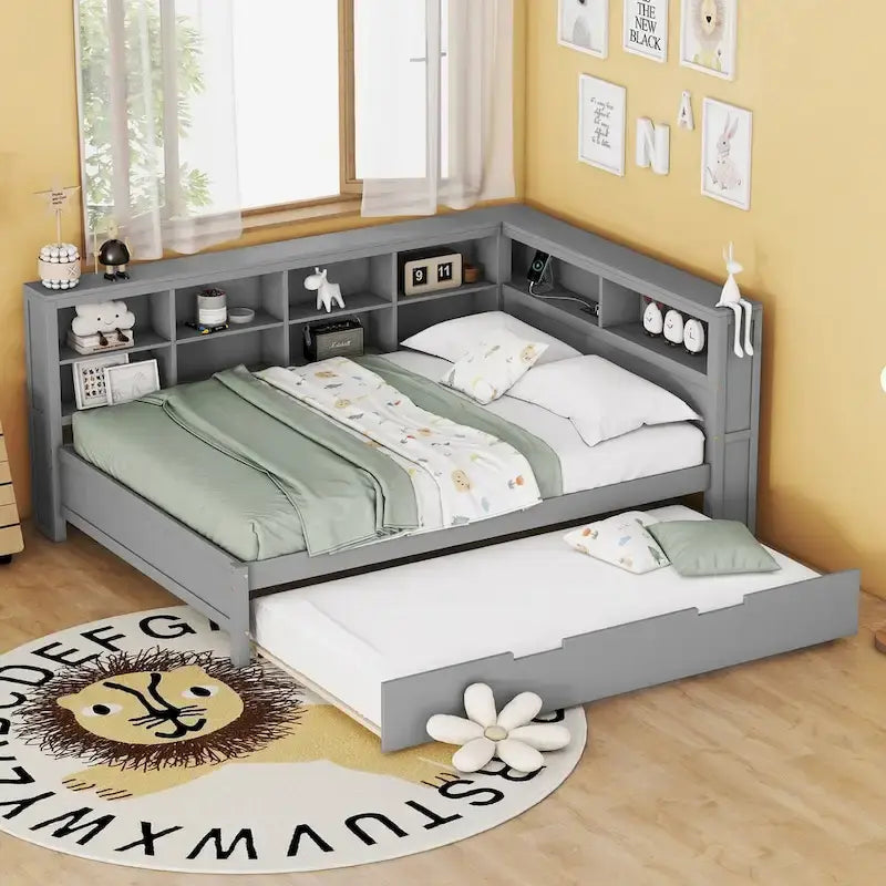 Twin/Full Size Daybed with Twin Trundle, Daybed with Storage Shelf and USB Charging Ports