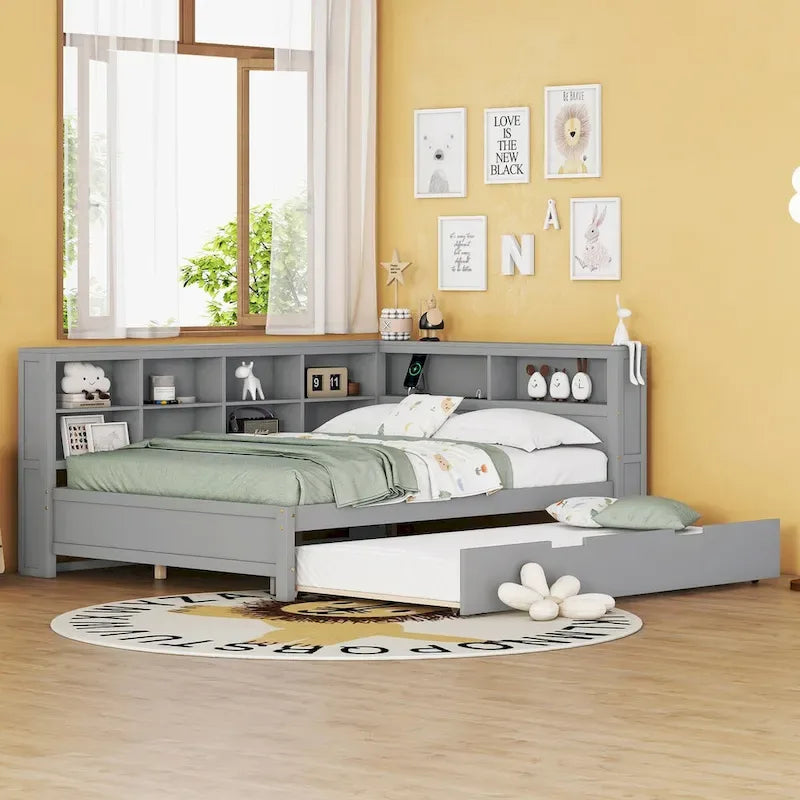 Twin/Full Size Daybed with Twin Trundle, Daybed with Storage Shelf and USB Charging Ports