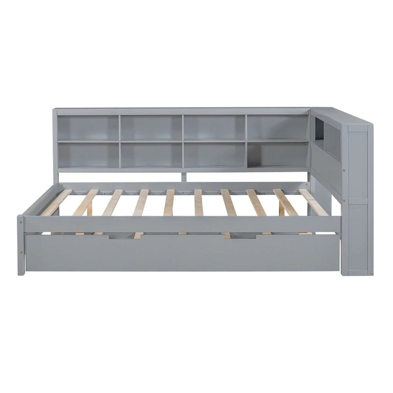 Twin/Full Size Daybed with Twin Trundle, Daybed with Storage Shelf and USB Charging Ports