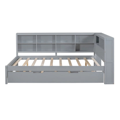 Twin/Full Size Daybed with Twin Trundle, Daybed with Storage Shelf and USB Charging Ports