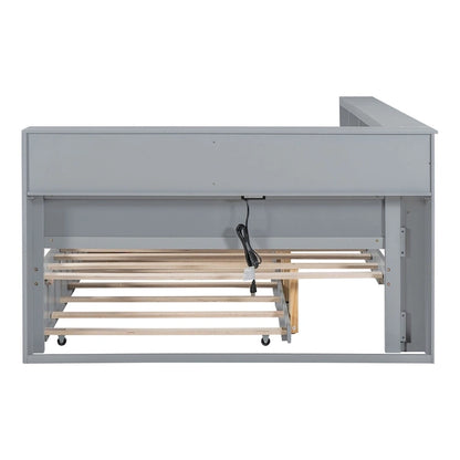 Twin/Full Size Daybed with Twin Trundle, Daybed with Storage Shelf and USB Charging Ports