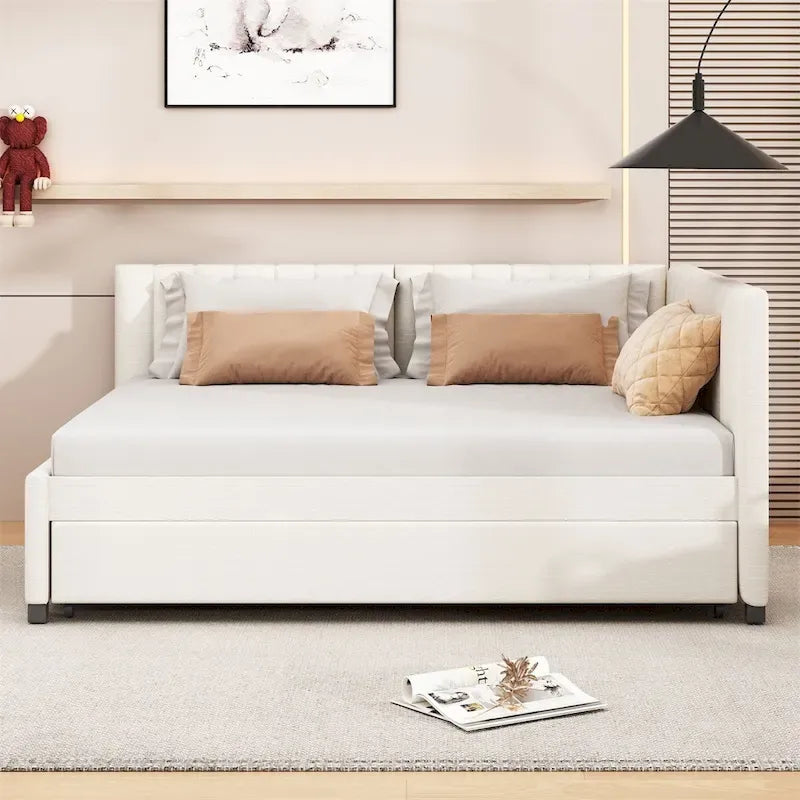 Full Size Upholstered Daybed with Trundle Sofa Bed Frame,Linen Fabric