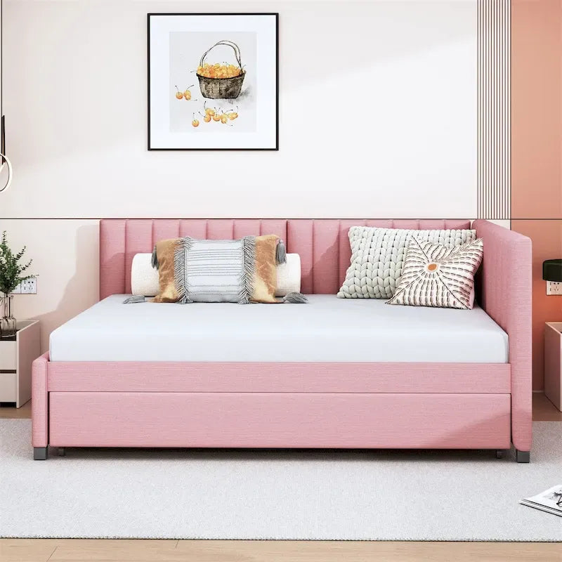 Full Size Upholstered Daybed with Trundle Sofa Bed Frame,Linen Fabric