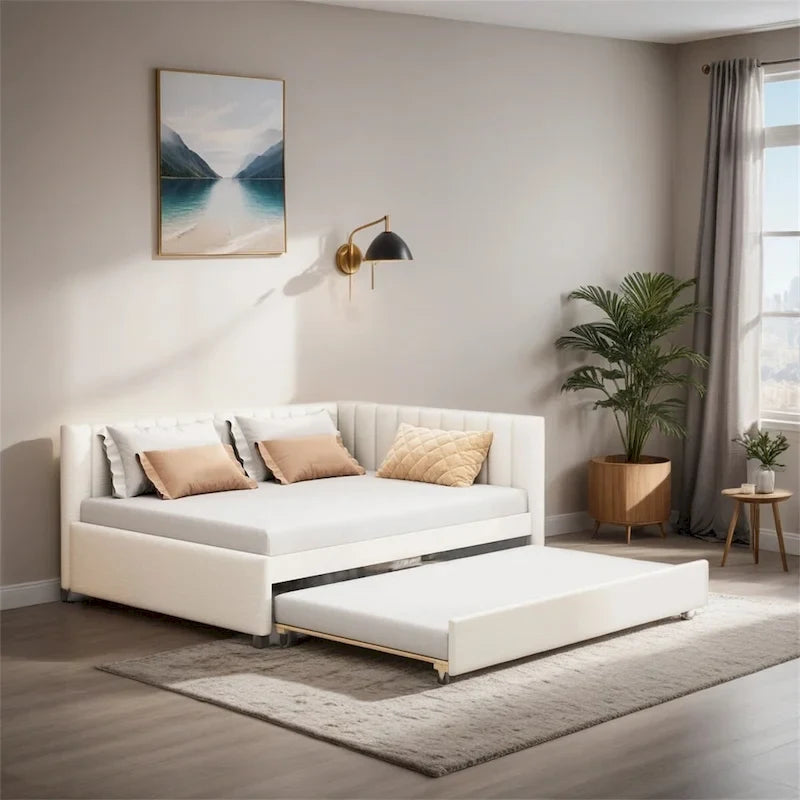 Full Size Upholstered Daybed with Trundle Sofa Bed Frame,Linen Fabric