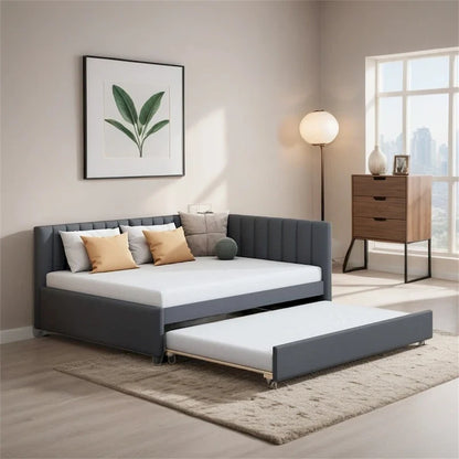 Full Size Upholstered Daybed with Trundle Sofa Bed Frame,Linen Fabric