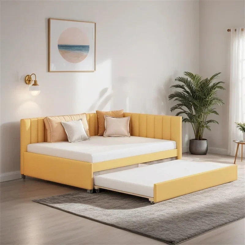 Full Size Upholstered Daybed with Trundle Sofa Bed Frame,Linen Fabric