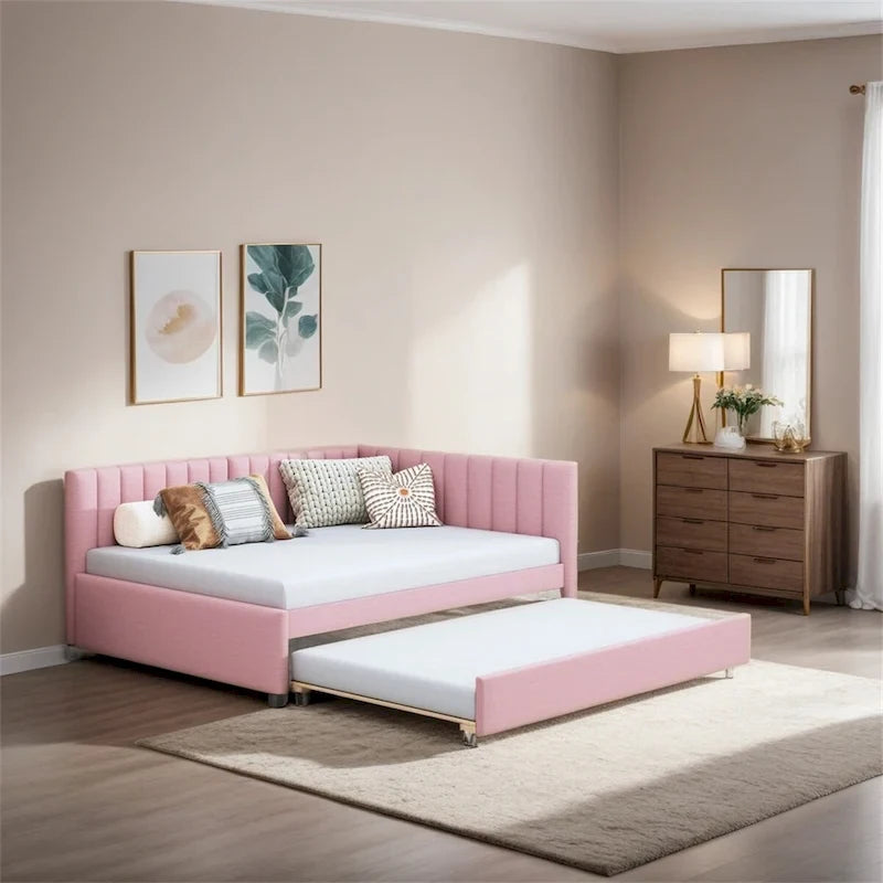 Full Size Upholstered Daybed with Trundle Sofa Bed Frame,Linen Fabric