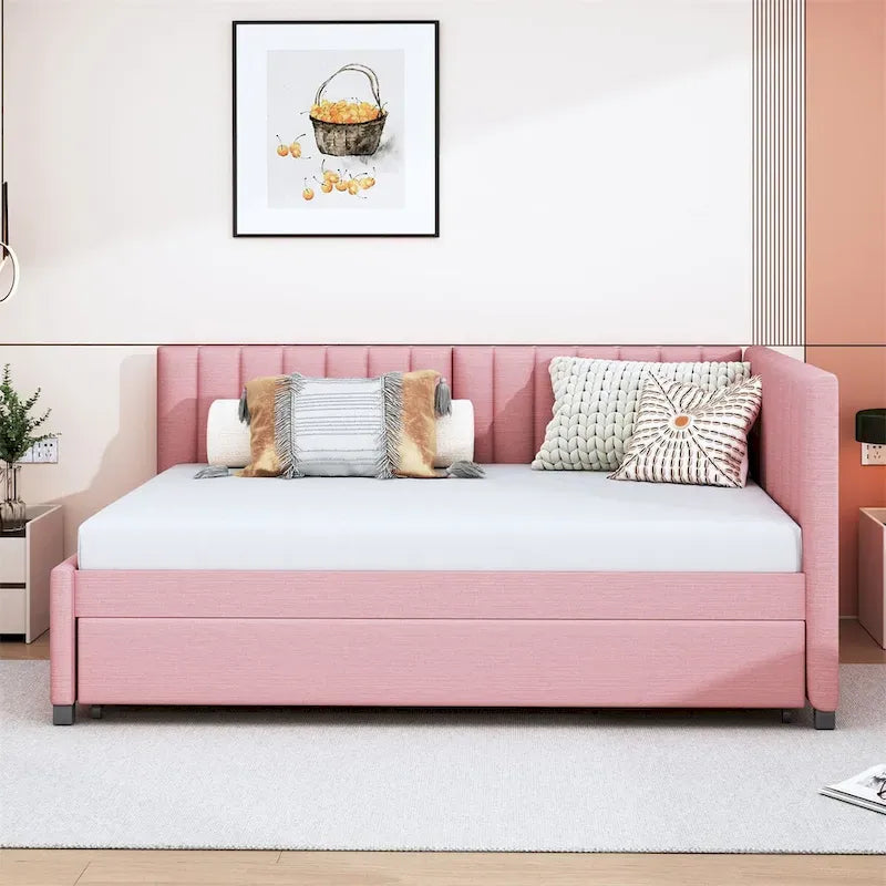 Full Size Upholstered Daybed with Trundle Sofa Bed Frame,Linen Fabric