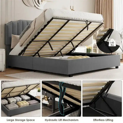 Queen Size Velvet Wood Frame Lift Up Platform Bed with Storage