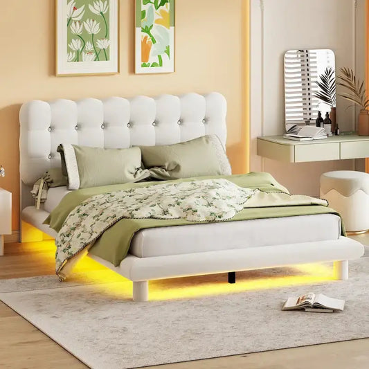 Roomfitters Queen Size Velvet Platform Bed with LED Frame, Thick & Soft Fabric and Button-tufted Design Headboard