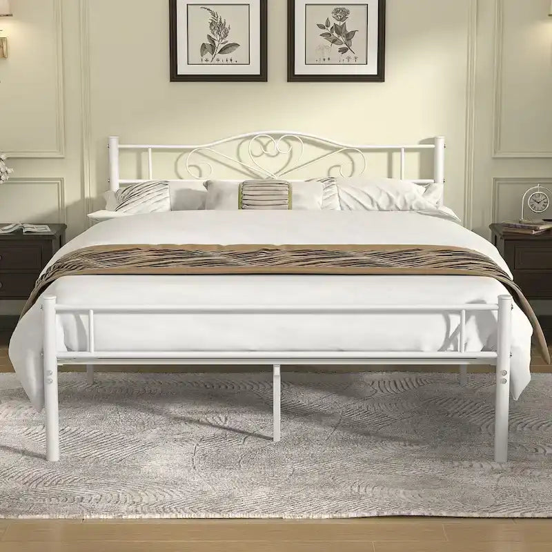 Javlergo Full Size Metal Bed Bed Frame with Headboard and Footboard, White