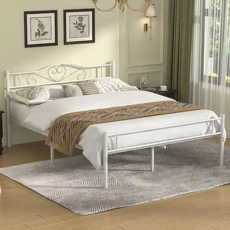 Javlergo Full Size Metal Bed Bed Frame with Headboard and Footboard, White