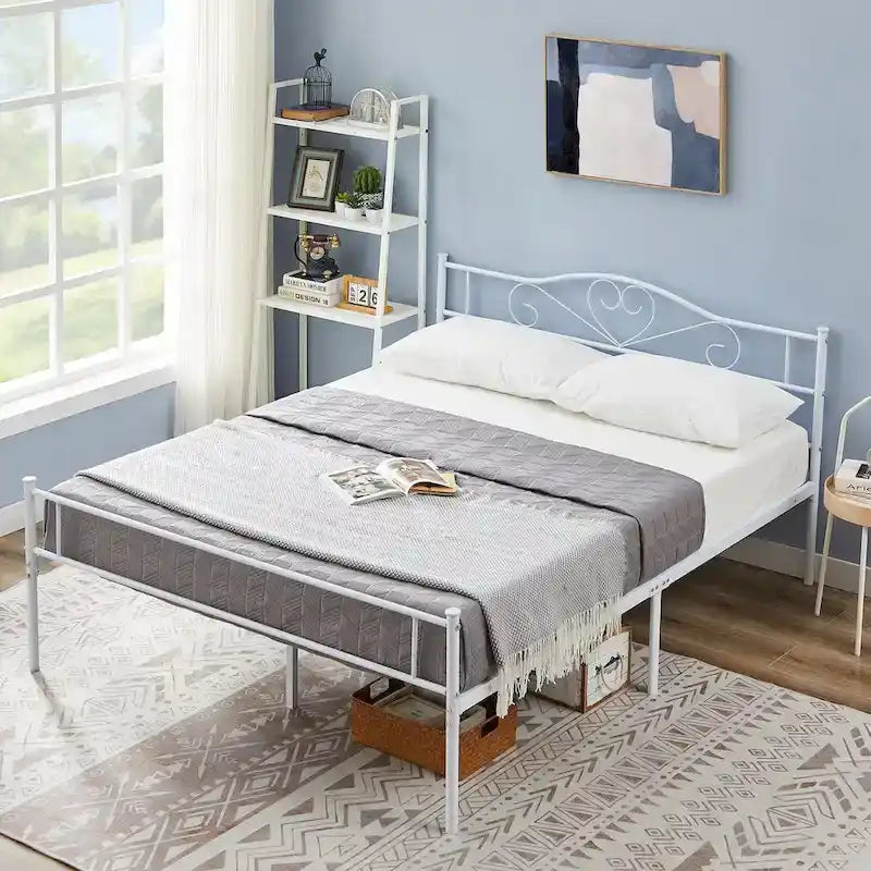 Javlergo Full Size Metal Bed Bed Frame with Headboard and Footboard, White