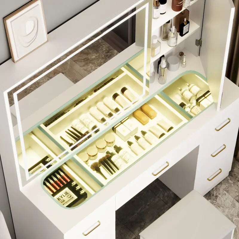 Glass Top Vanity Set with Lighted Mirror,Extra Large Mirror Makeup Vanity Table with 7 Drawers&Cushioned Stool
