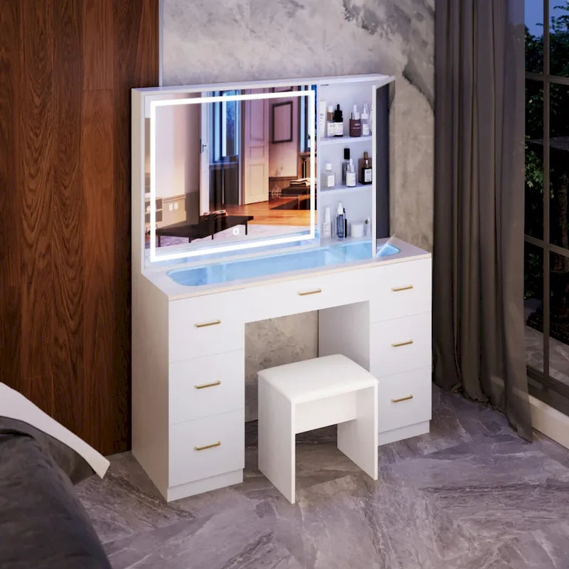 Glass Top Vanity Set with Lighted Mirror,Extra Large Mirror Makeup Vanity Table with 7 Drawers&Cushioned Stool
