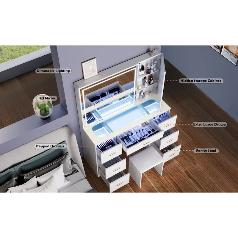 Glass Top Vanity Set with Lighted Mirror,Extra Large Mirror Makeup Vanity Table with 7 Drawers&Cushioned Stool