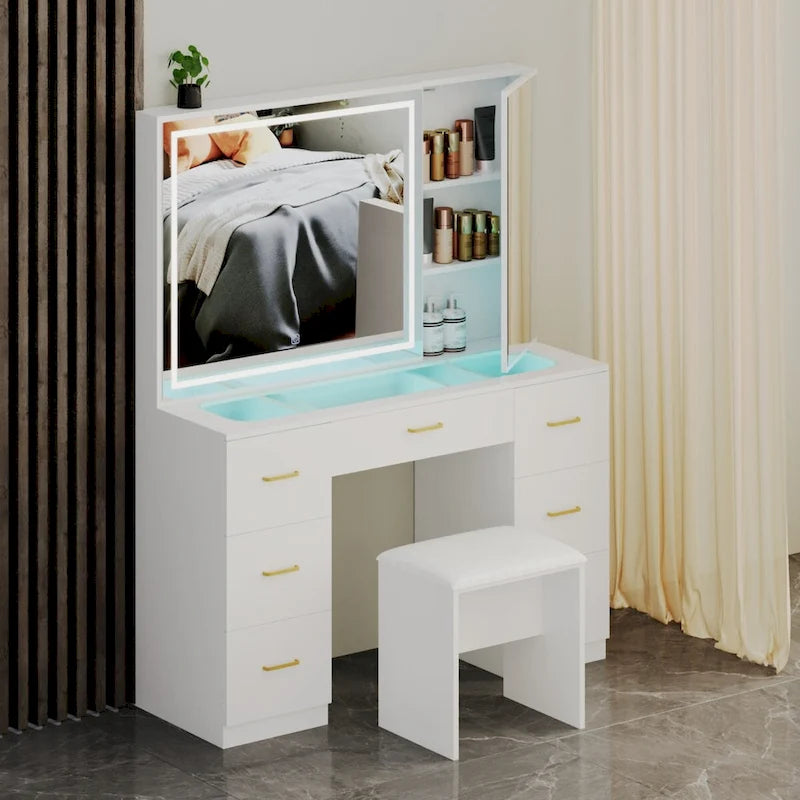 Glass Top Vanity Set with Lighted Mirror,Extra Large Mirror Makeup Vanity Table with 7 Drawers&Cushioned Stool