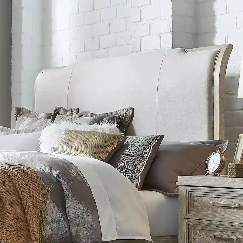 Belmar Washed Taupe & Silver Champagne King California Upholstered Bed