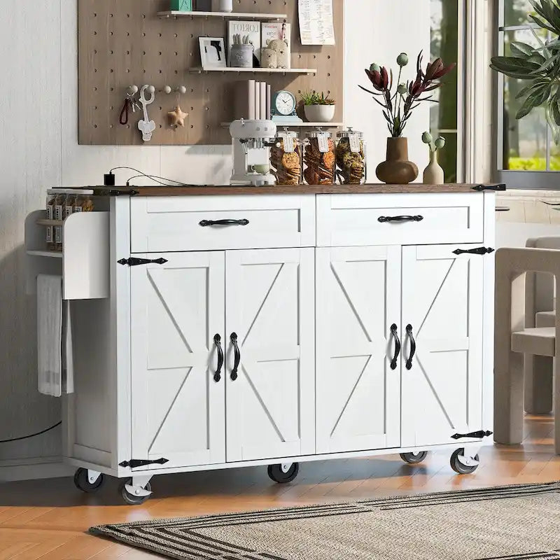Farmhouse kitchen island with electrical outlets and drop-leaf panels