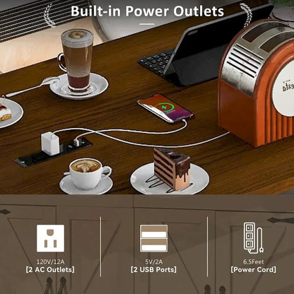Farmhouse kitchen island with electrical outlets and drop-leaf panels