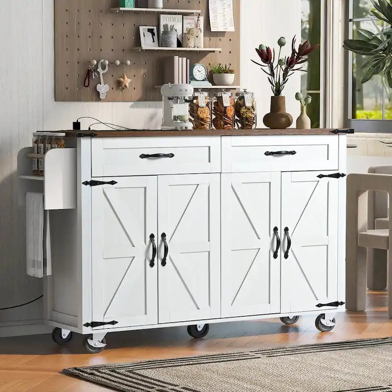 Farmhouse kitchen island with electrical outlets and drop-leaf panels