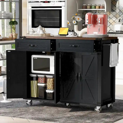 Farmhouse kitchen island with electrical outlets and drop-leaf panels