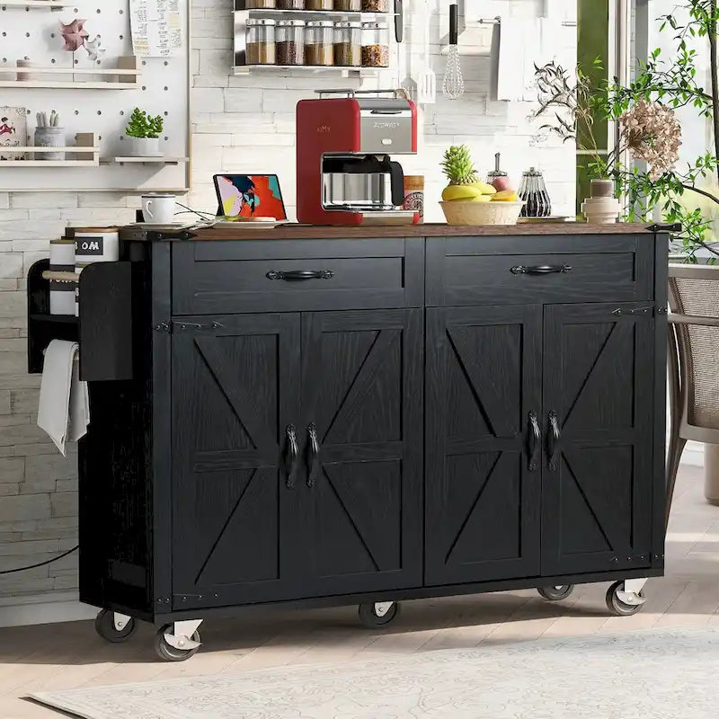 Farmhouse kitchen island with electrical outlets and drop-leaf panels