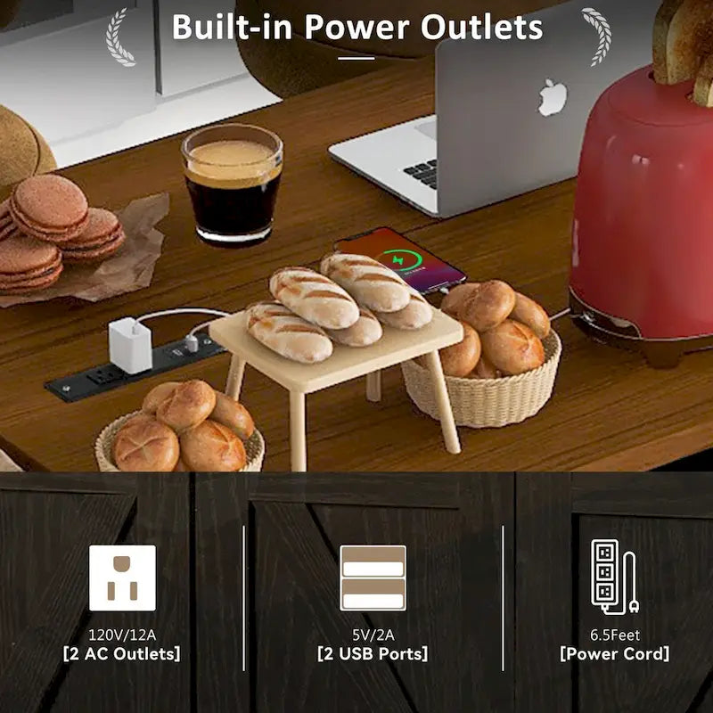 Farmhouse kitchen island with electrical outlets and drop-leaf panels