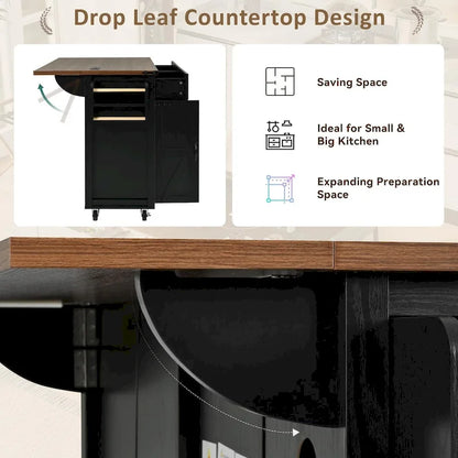 Farmhouse kitchen island with electrical outlets and drop-leaf panels