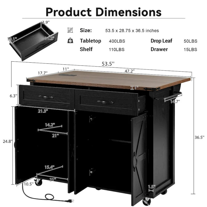 Farmhouse kitchen island with electrical outlets and drop-leaf panels
