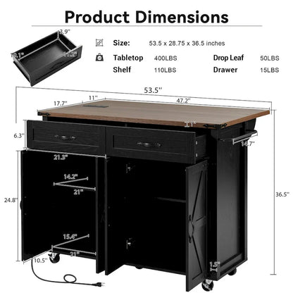 Farmhouse kitchen island with electrical outlets and drop-leaf panels
