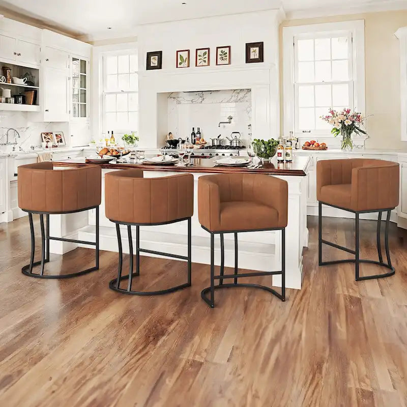 LUE BONA Modern 26.in Low Back Counter Height Barstool Barrel Set of 4 Bar Stools with Metal Frame