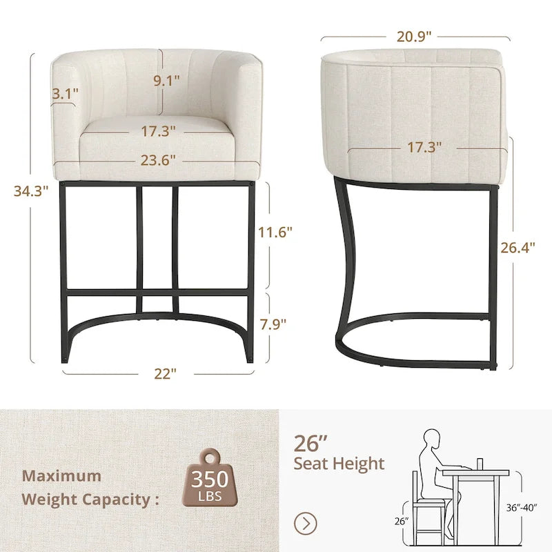 LUE BONA Modern 26.in Low Back Counter Height Barstool Barrel Set of 4 Bar Stools with Metal Frame
