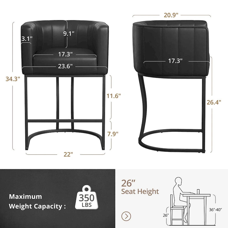 LUE BONA Modern 26.in Low Back Counter Height Barstool Barrel Set of 4 Bar Stools with Metal Frame