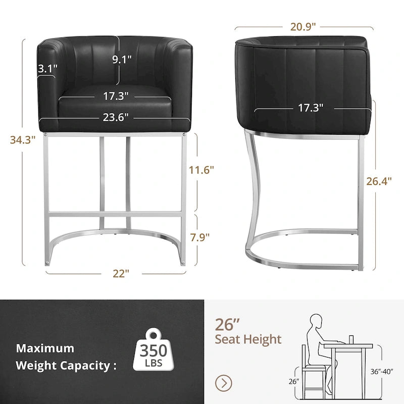 LUE BONA Modern 26.in Low Back Counter Height Barstool Barrel Set of 4 Bar Stools with Metal Frame