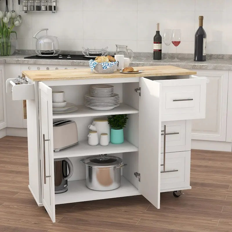 Kitchen Island with Spice Rack and Extensible Solid Wood Table Top