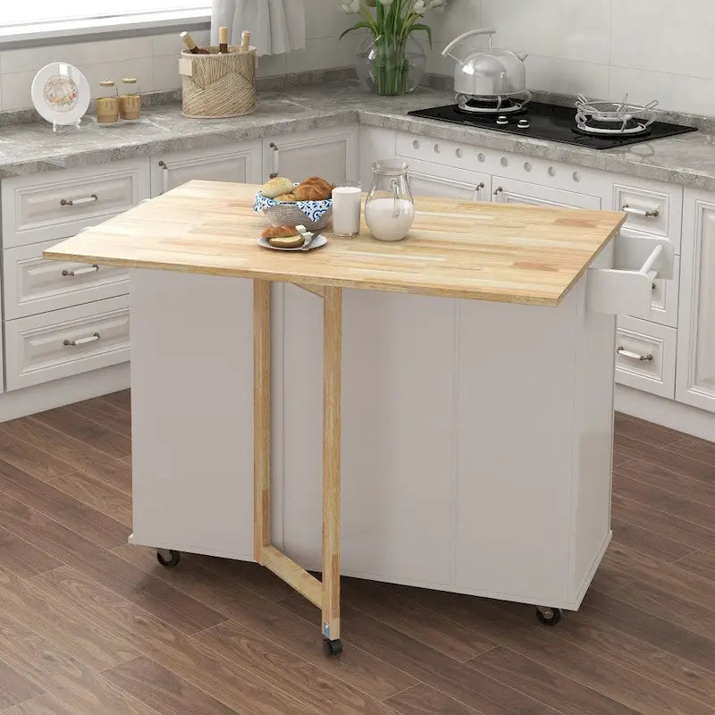 Kitchen Island with Spice Rack and Extensible Solid Wood Table Top