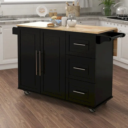 Kitchen Island with Spice Rack and Extensible Solid Wood Table Top