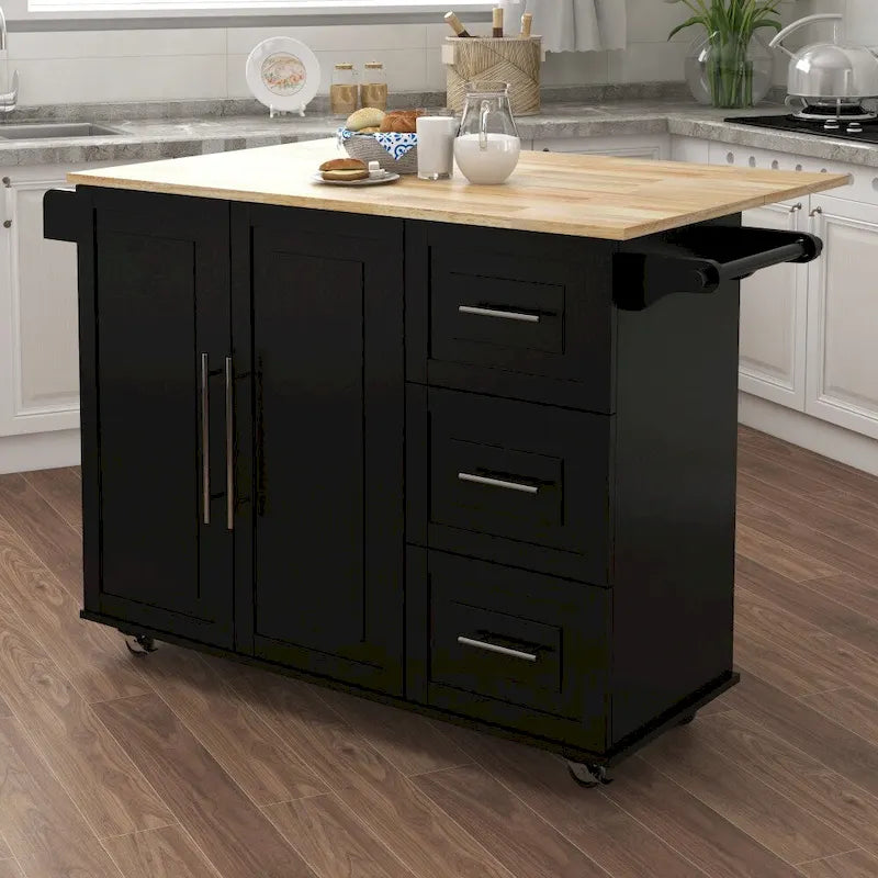 Kitchen Island with Spice Rack and Extensible Solid Wood Table Top