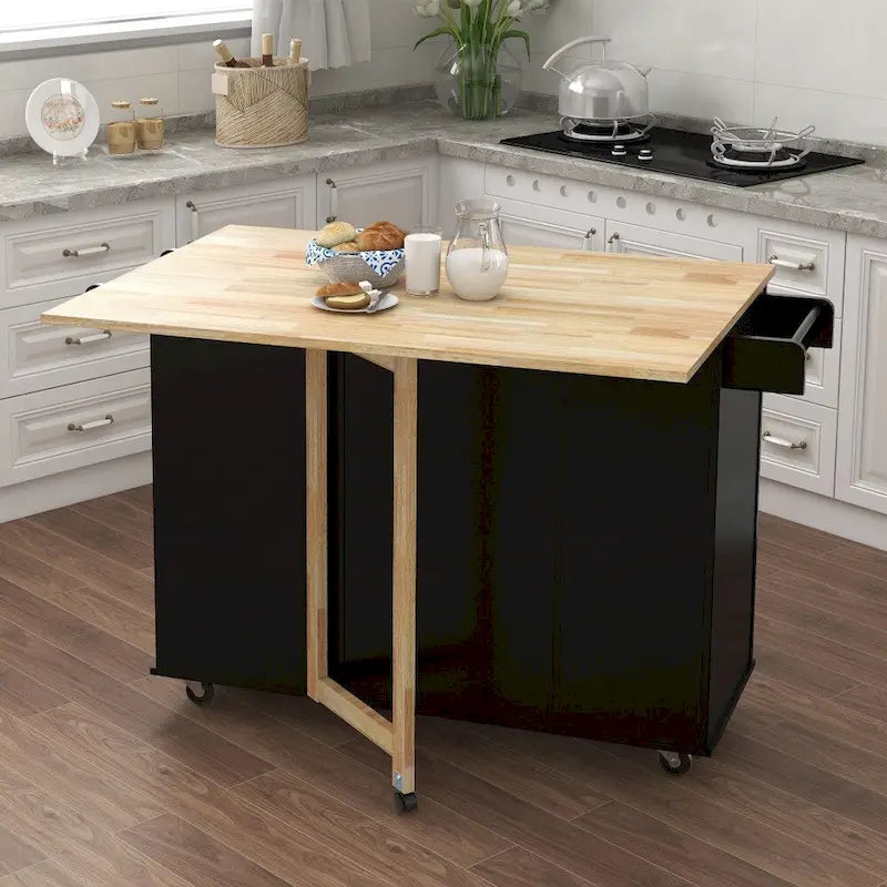 Kitchen Island with Spice Rack and Extensible Solid Wood Table Top