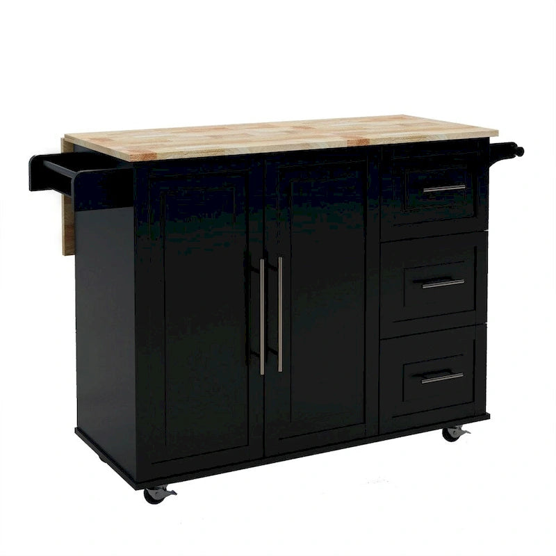 Kitchen Island with Spice Rack and Extensible Solid Wood Table Top