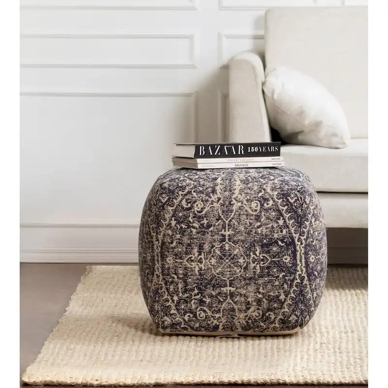 Jani Hanalei 20-inch Blue & Ivory Square Pouf Ottoman - Handmade Footrest for Living Room, Bedroom, Nursery, Kidsroom