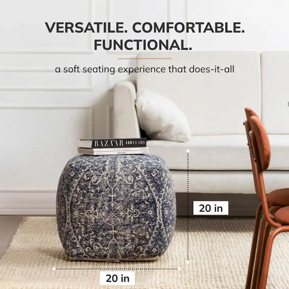 Jani Hanalei 20-inch Blue & Ivory Square Pouf Ottoman - Handmade Footrest for Living Room, Bedroom, Nursery, Kidsroom