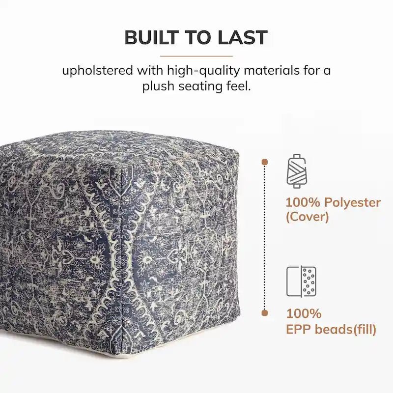 Jani Hanalei 20-inch Blue & Ivory Square Pouf Ottoman - Handmade Footrest for Living Room, Bedroom, Nursery, Kidsroom