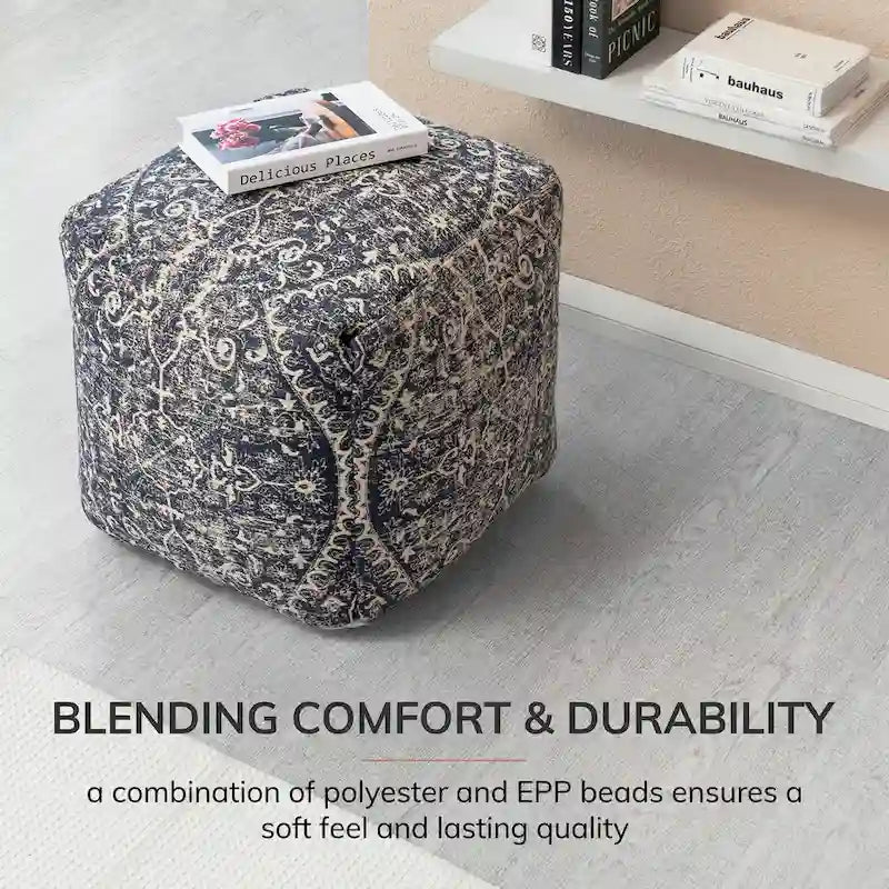 Jani Hanalei 20-inch Blue & Ivory Square Pouf Ottoman - Handmade Footrest for Living Room, Bedroom, Nursery, Kidsroom